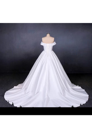 Robe de mariée en satin à épaules dégagées, Robe de mariée longue en robe de bal avec longue traîne