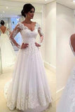 A Line V Neck manches longues robes de mariée pas cher en tulle avec appliques