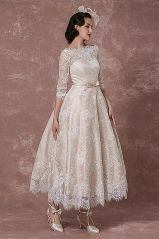 Robe de Mariée Princesse Longueur Thé A-ligne avec Ceinture Dentelle Manches 3/4