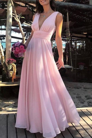 Flowy Simple Pas Cher Longue Col En V Rose Robe De Bal Rose Robe De Soirée