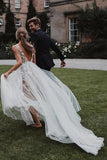 Élégantes robes de mariée en tulle à col en V avec des fleurs, robes de mariée de plage en V