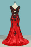 2024 Robes de bal de sirène V Neck Satin With Applique Sweep Train