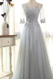 2024 Robes de bal élégantes A-Line Scoop Floor-Length Tulle Zipper Back 3/4 Sleeves With Appliques