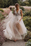 Élégantes robes de mariée en tulle à col en V avec des fleurs, robes de mariée de plage en V