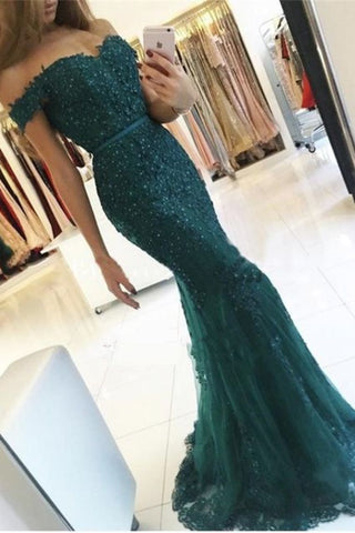 2024 Off The Shoulder Prom Dresses Mermaid Tulle Avec Applique Et Beadings Couvert Bouton