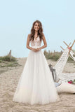 A-ligne col en V sans manches en tulle dentelle-parole longueur dos ouvert robe de mariée plage