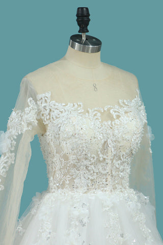 2024 une ligne manches longues robes de mariage en tulle scoop avec appliques et perles balayage train