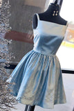 Satin Bleu Brillant Perles Encolure Carree Sans Manches Robe De Retour Au Genou Robe De Bal Longueur