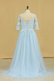 2024 Mère des robes de mariée Une ligne bateau Tulle avec appliques Et Sash balayage train Plus Size Light Blue Sky