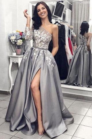 2024 Robe de bal une epaule longue en satin gris fendue dentelle blanche Robe de bal longue avec poches Robe de bal longue