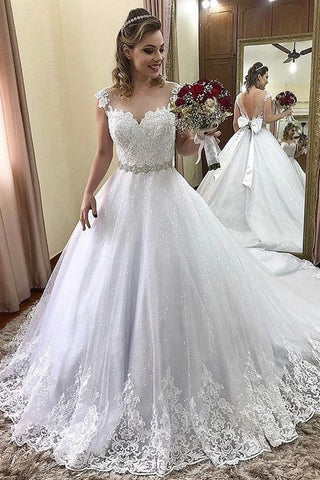 Robe de mariée blanche pailletée princesse à dos en V avec nœud papillon