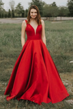 Une ligne simple v-cou satin longues robes de bal rouge pas cher avec poche