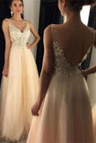 Dentelle de champagne tulle perles une ligne col en V robes simples de bal Flowy