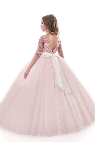 2024 Tulle Scoop Flower Girl Robes Ball Gown Mid-Length Sleeves With Sash