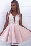 Mode Une Ligne V Cou Sans Manches Appliques Rose Robe De Retour Rapide