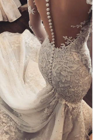 Modeste longue sirène scoop dentelle manches longues robes de mariée robes de mariée appliques