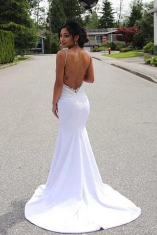 Robe de mariée sirène bretelles spaghetti avec appliques, robes de mariée dos nu sexy