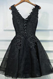 Robes de bal noir col en V, Appliques perles robe de bal courte de ceinture