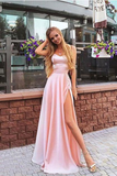 A Line Sweep Train With Slit Spaghetti Straps Satin Prom Dress