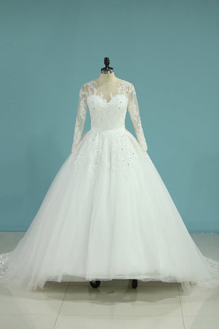 2024 Robes de mariée boule à manches longues Une ligne Tulle avec appliques et perles