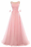 A-line manches mi-longues col rond dentelle Tulle robe de bal perles longue robe de soirée