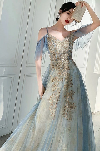 Robe de soirée longue en tulle à col en V unique avec dentelle, longue robe de bal sexy sans manches