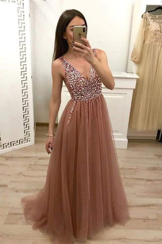 Robes de bal une ligne v cou tulle avec des perles