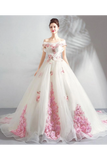 Robe de mariée unique en tulle à épaules dénudées avec des fleurs roses, robe de mariée en robe de bal