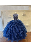 Encolure haute strass broderie métallique robe de bal en organza robe de Quinceanera