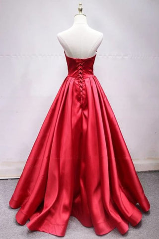 A Line Sweetheart Red Satin Lace Up Longues Robes De Bal Avec Bowknot, Robes Formelles Pas Cher