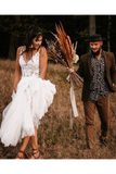 Robes de mariée en dentelle superposées sans manches à encolure en V avec dos nu blanc une ligne robes de mariée