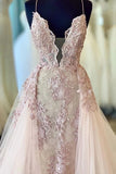 Spaghetti Straps Deep V Neck Tulle Prom Dress With Lace Appliques, Robes de mariée