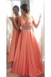 2024 New Arrival V Neck Beaded Waistband A Line Satin Prom Robes