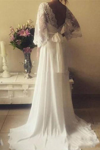 Robe de mariée en mousseline de soie 3/4 en mousseline de soie 3/4 Robes de mariée V Neck Ouvrir le dos avec des appliques