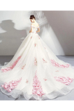 Robe de mariée unique en tulle à épaules dénudées avec des fleurs roses, robe de mariée en robe de bal