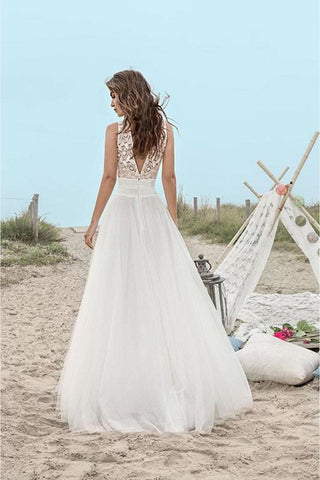 A-ligne col en V sans manches en tulle dentelle-parole longueur dos ouvert robe de mariée plage