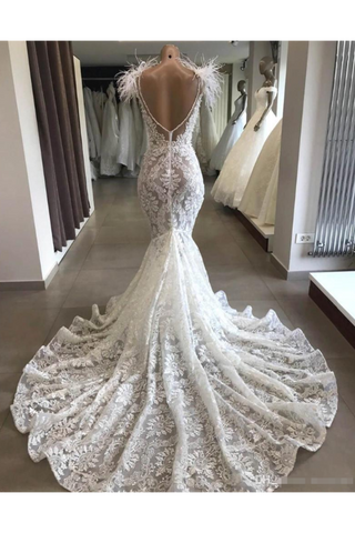 Robe de mariée sirène en dentelle de luxe avec train Robes de mariée sexy à dos ouvert